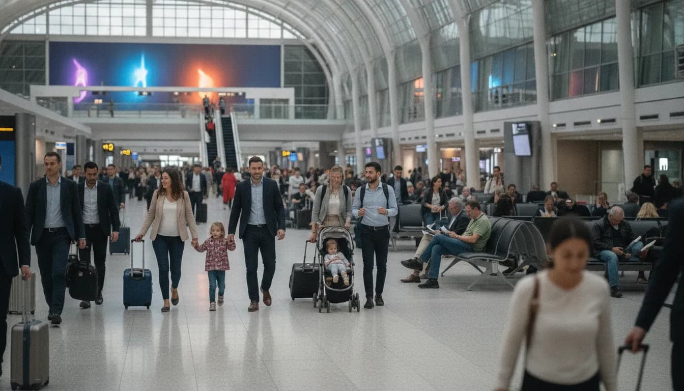 Travelers moving through a bright airport terminal with gate seating