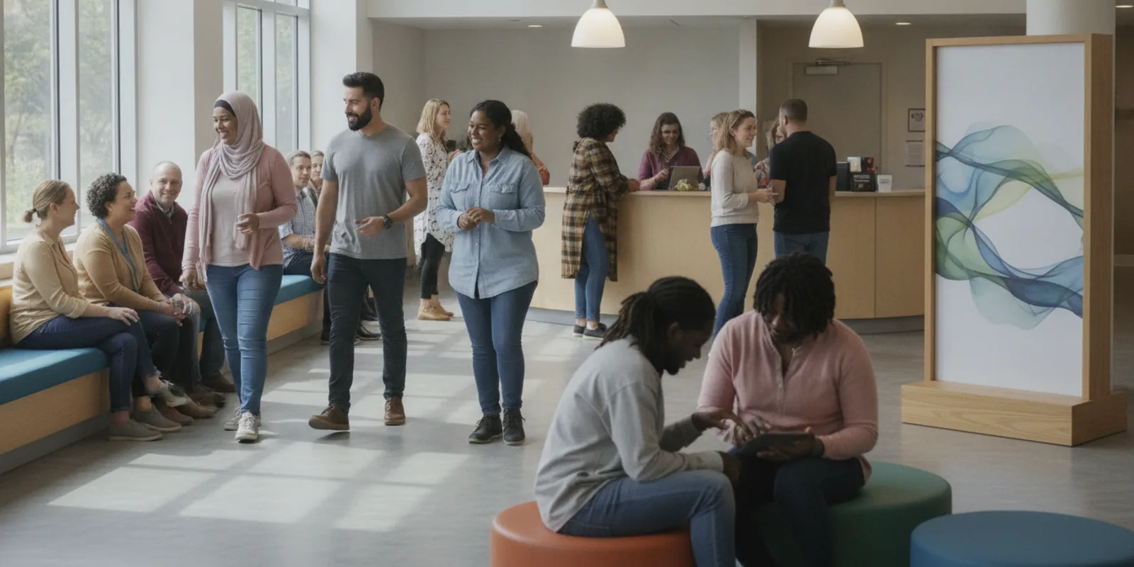 People spending time in a community venue with an advertising display in view