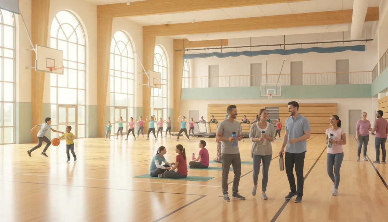 Crowded community recreation center gymnasium with diverse people socializing and exercising