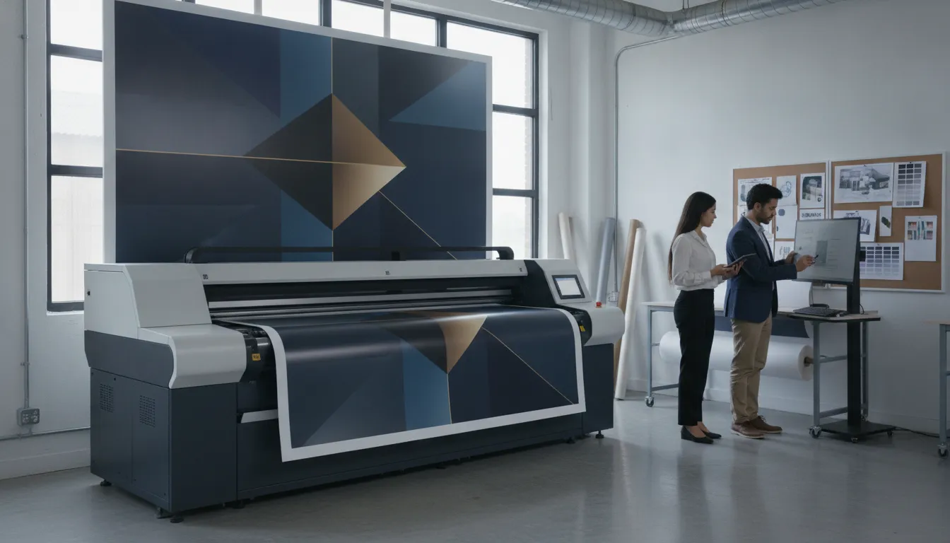 Large-format printer producing custom advertising prints as two professionals review designs on a computer.