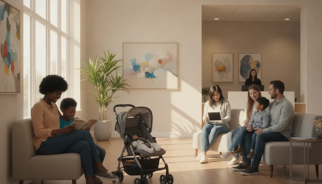 People in a bright doctor's office waiting room