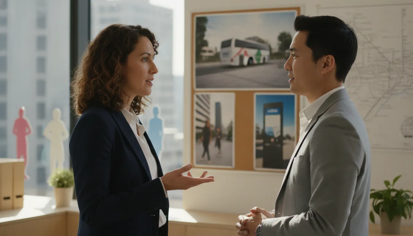 Media buyers discussing a place-based out-of-home campaign