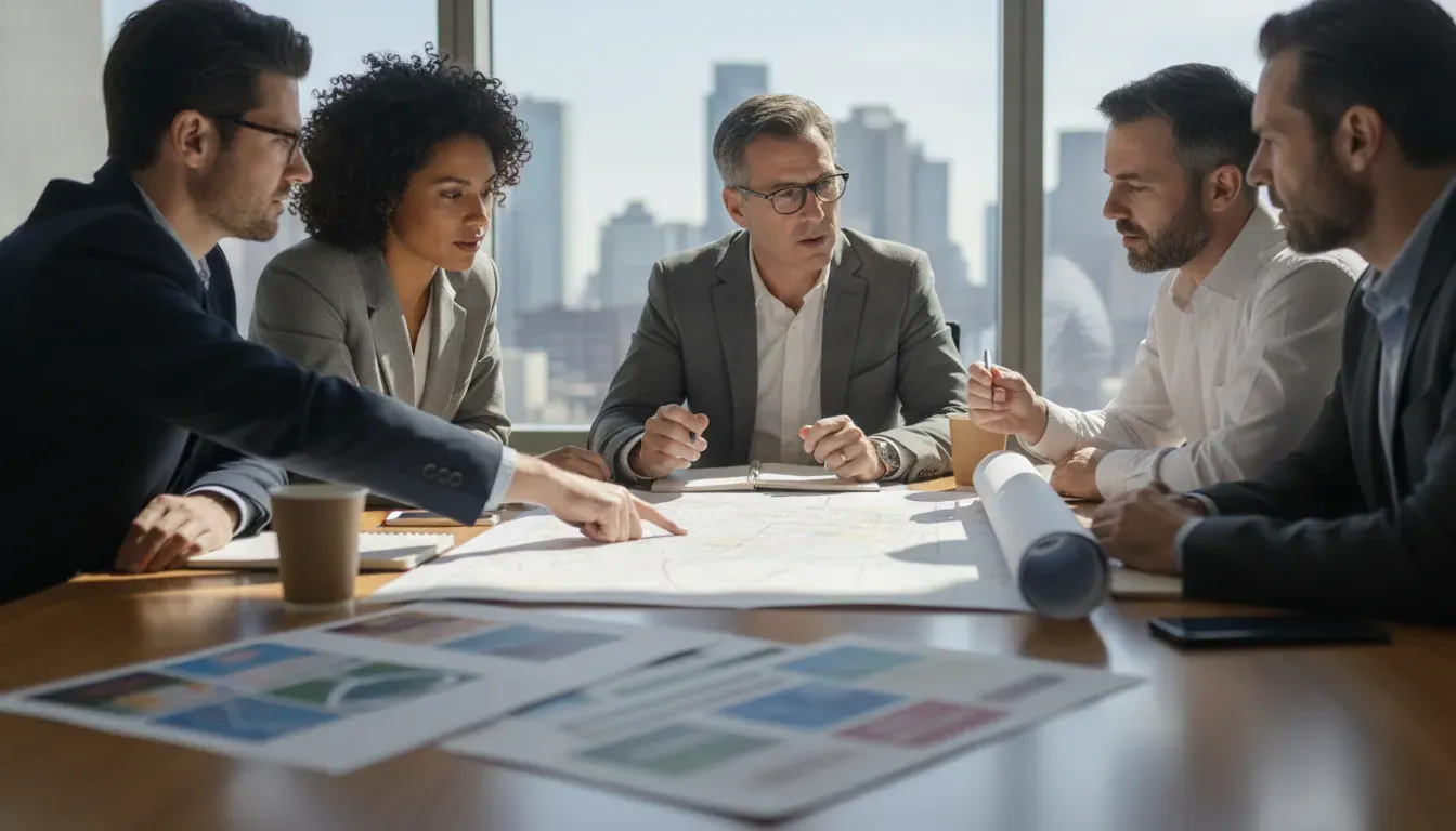 Media buyers evaluating a venue sponsorship proposal around a campaign map