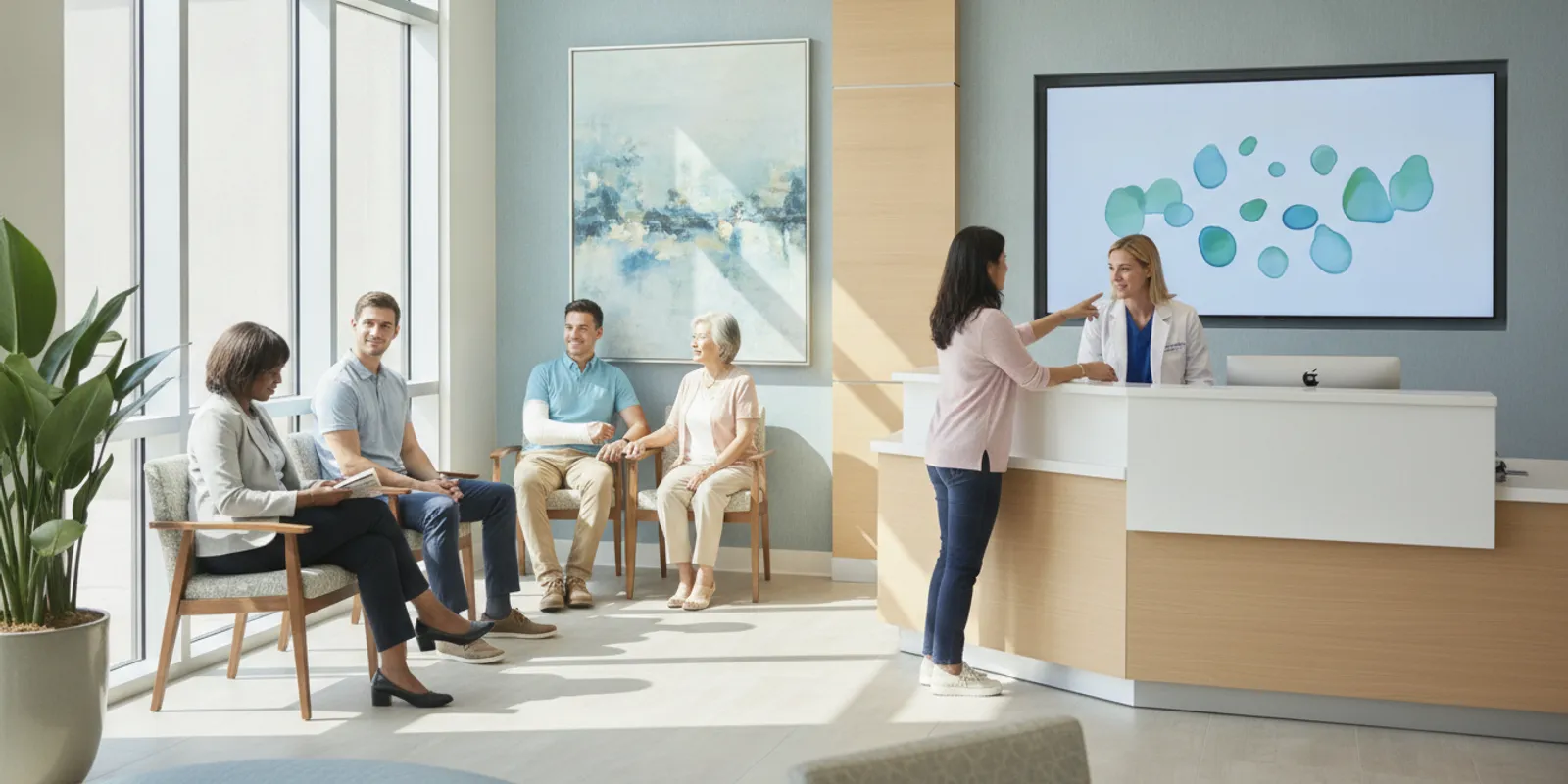 Patients and staff in a bright medical office waiting area with a discreet informational display