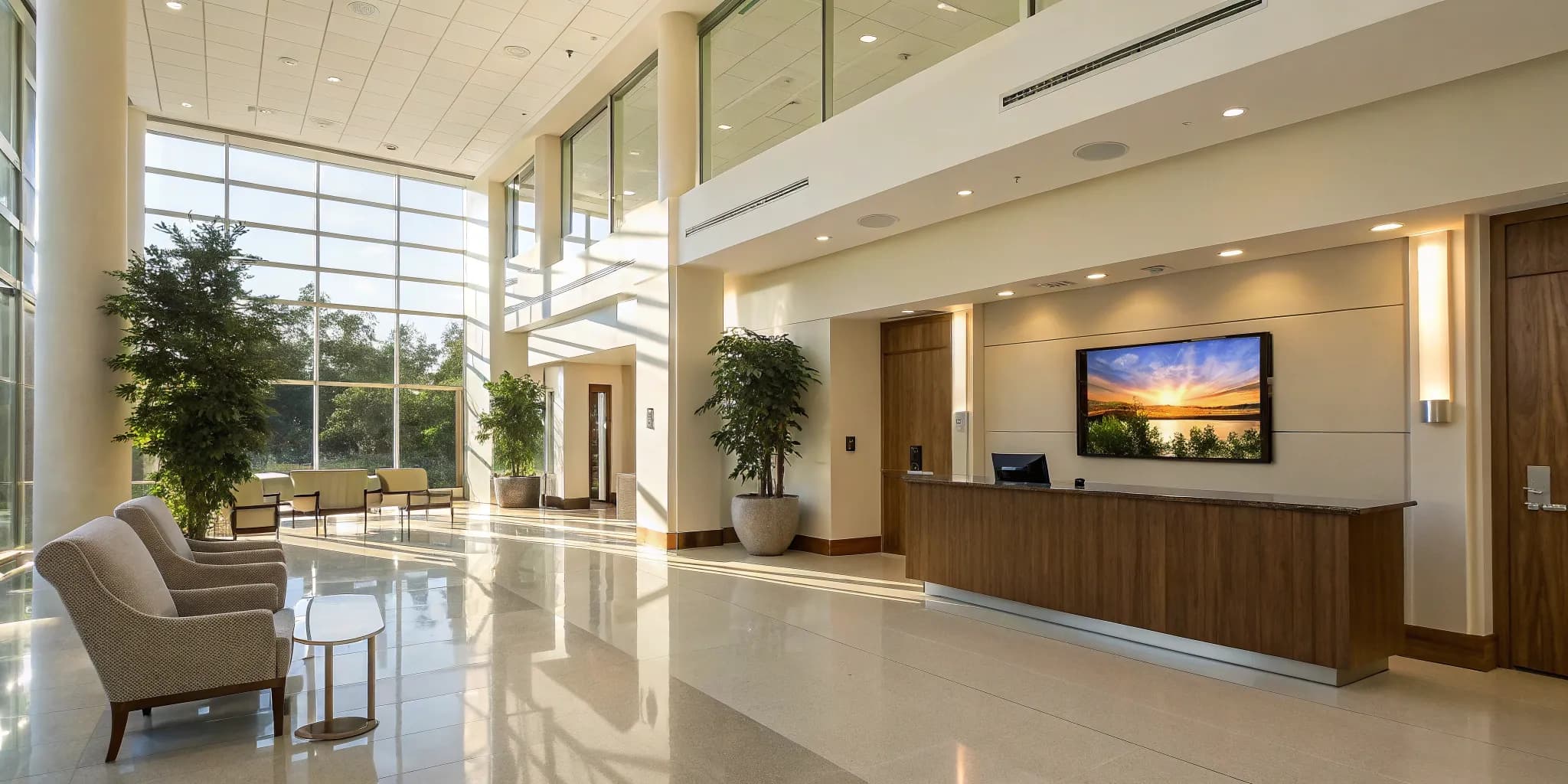 Modern healthcare lobby with a digital display for point of care advertising.