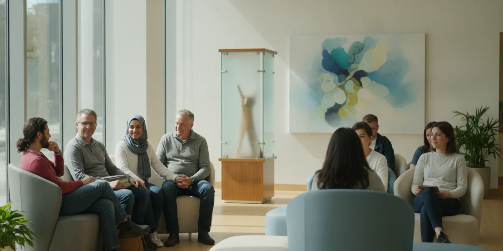 Healthcare visitors in a calm waiting area near a discreet informational display