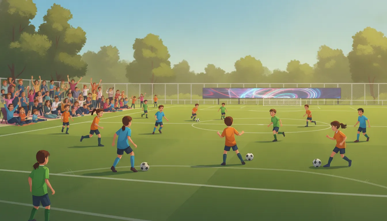 Families cheering at a youth soccer match with place-based field signage in the background