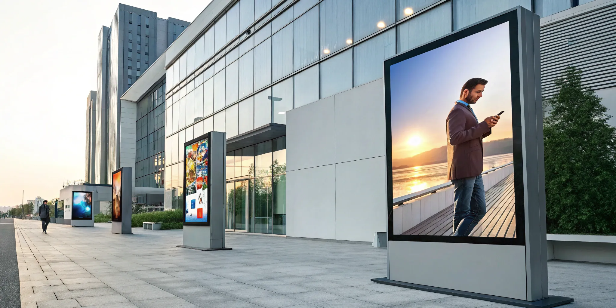 Digital ad screens on a modern building, an effective alternative to billboard advertising.