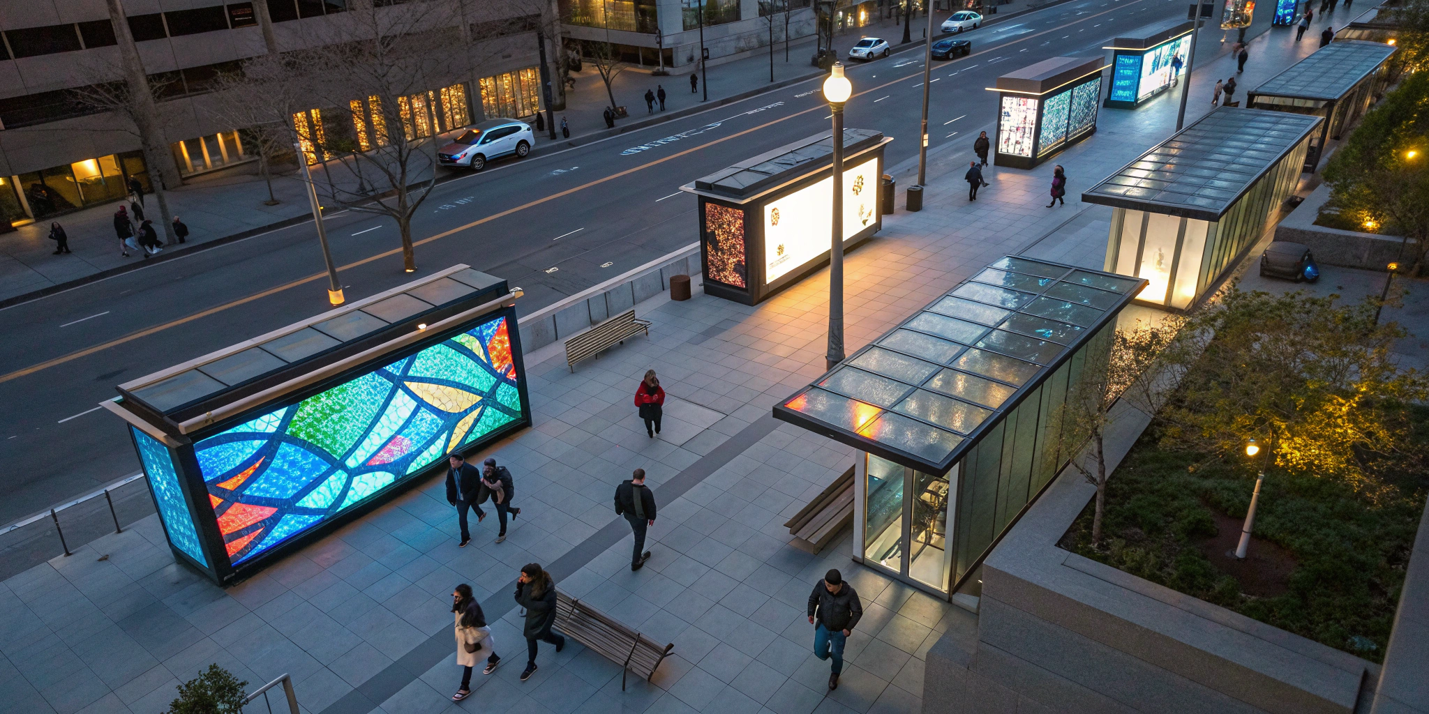 what-is-place-based-media-a-marketers-guide-927937 Pedestrian plaza with illuminated, digital place-based media screens.