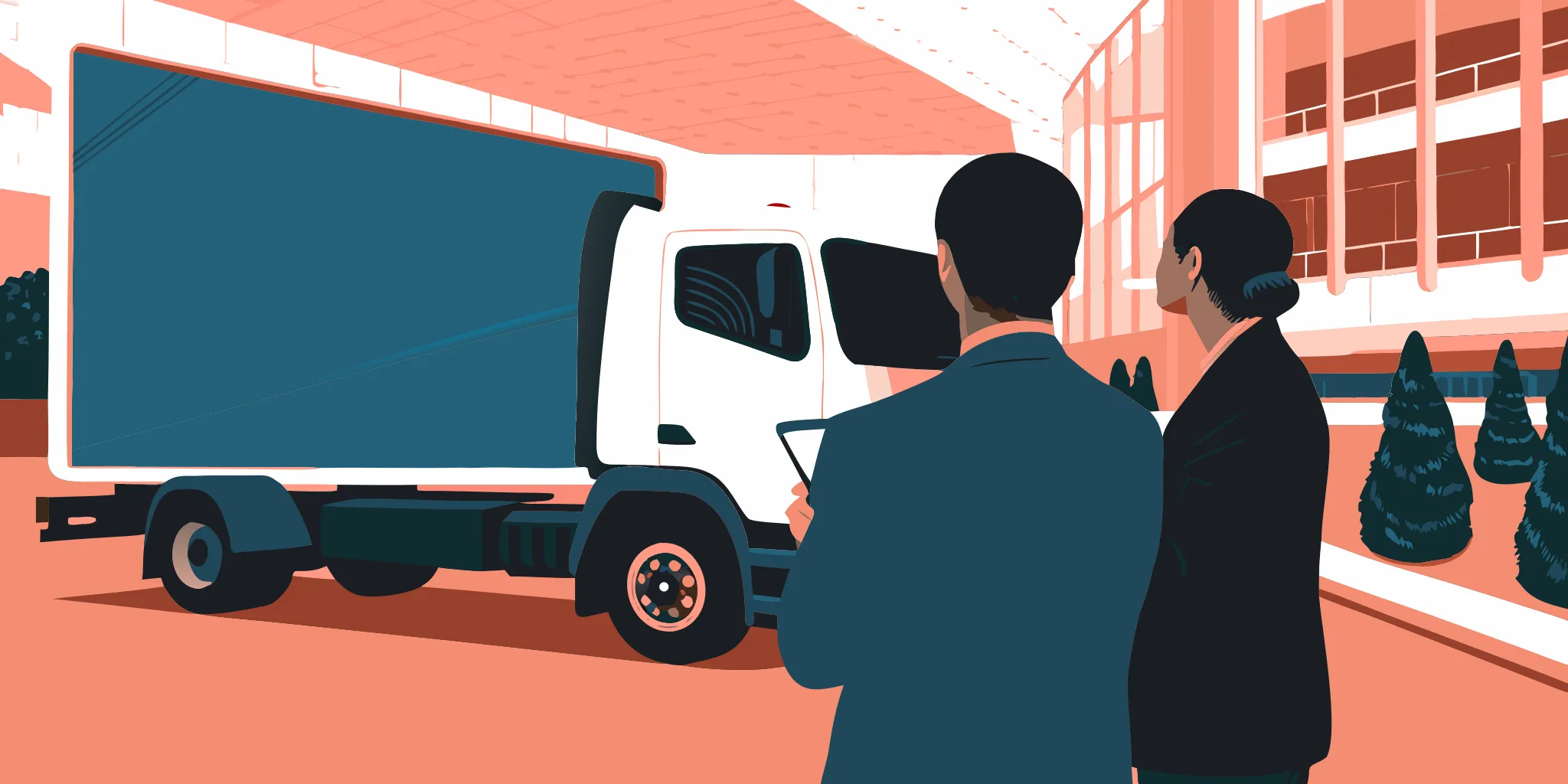 a-guide-to-digital-mobile-billboard-truck-rental-469818 Two people discussing a digital mobile billboard truck rental.