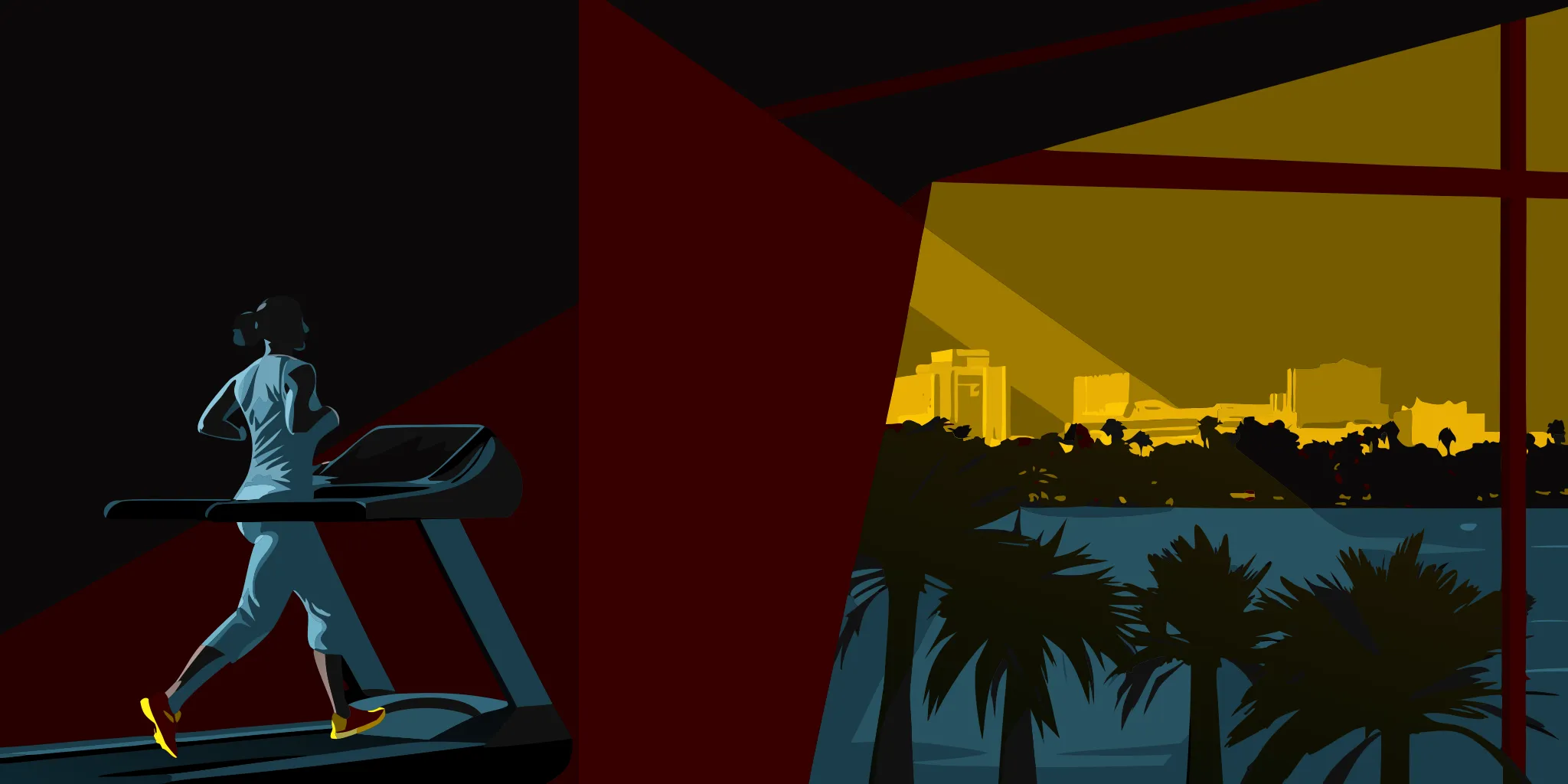 a-guide-to-fitness-center-advertising-in-orlando-625537 Fitness center advertising in Orlando showing a woman running on a treadmill with a city view.