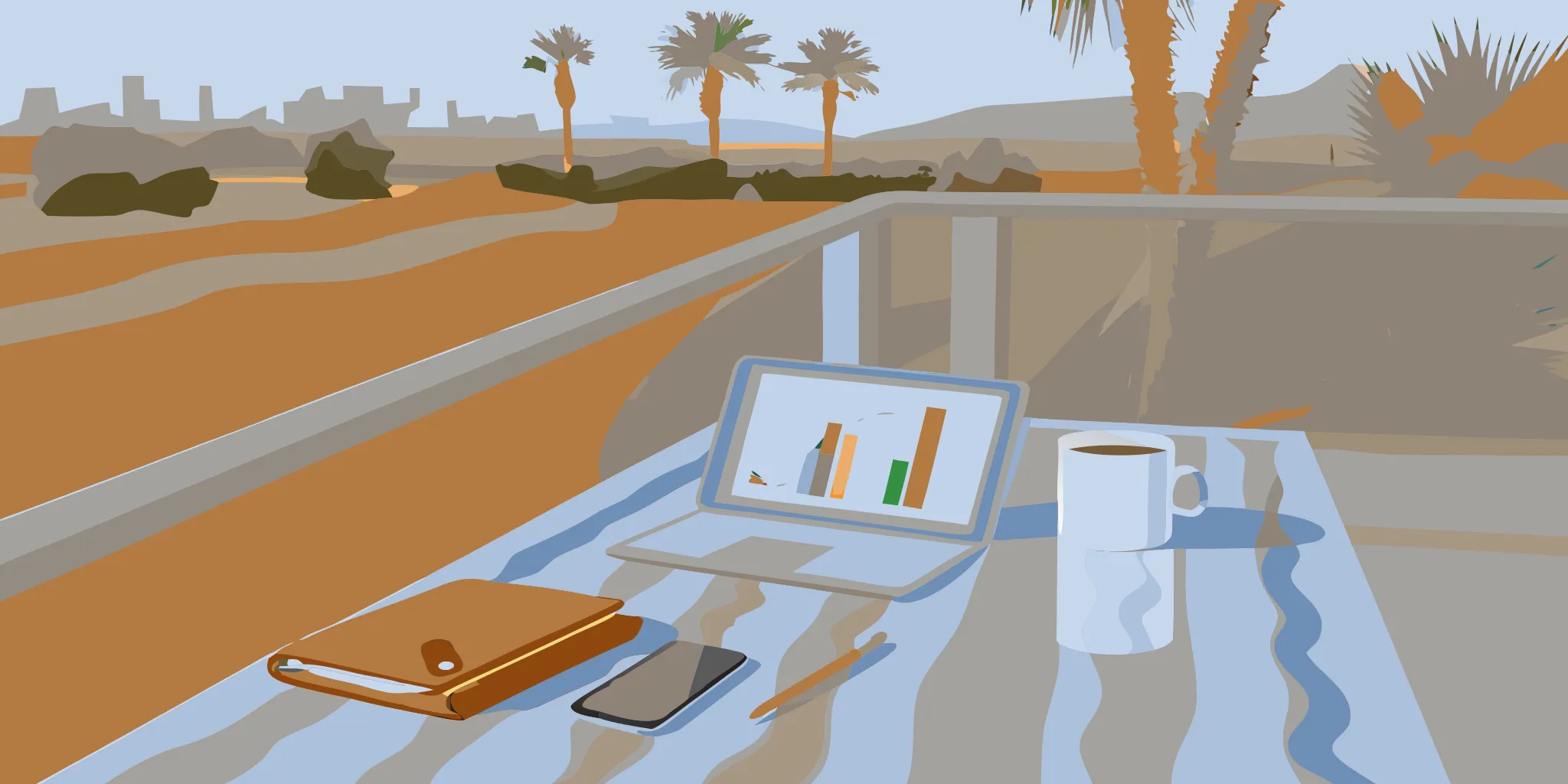 Planning golf course advertising services in Phoenix on a laptop overlooking a sunny green.