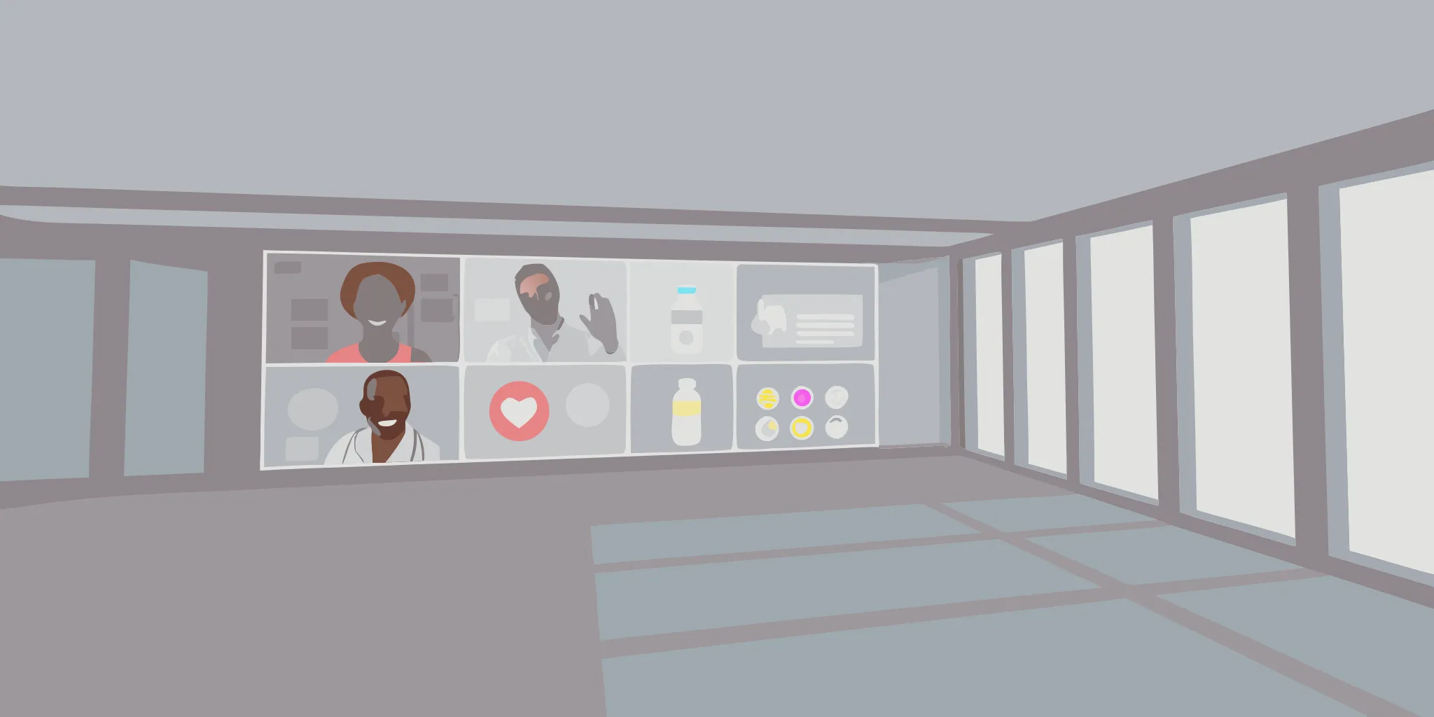 Digital screen showing ads in a doctor office waiting room.