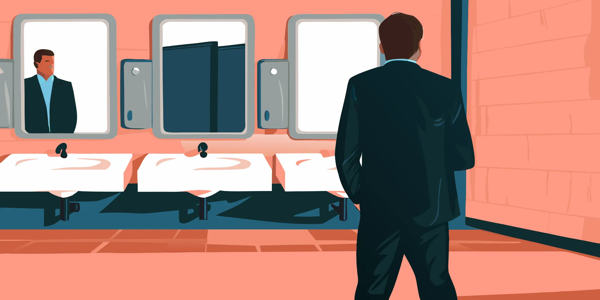 how-effective-is-restroom-advertising-the-real-answer-155570 Man in a suit considers an effective restroom advertisement placed above a row of sinks.