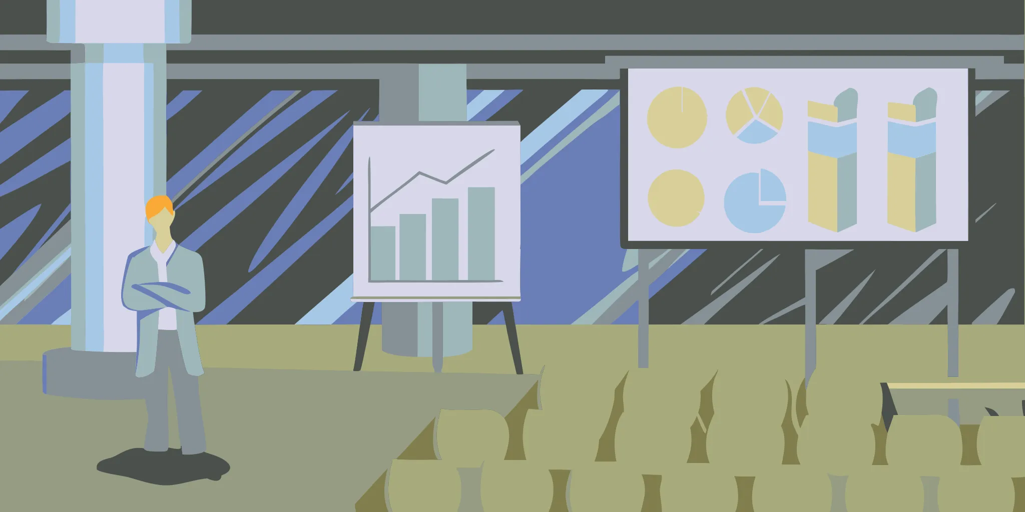 A businessperson reviews charts and graphs on indoor advertising rates and pricing.