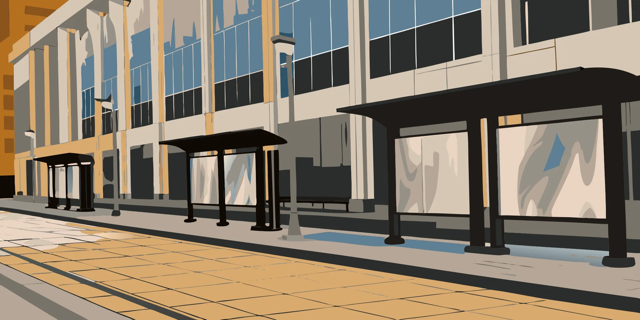 Custom OOH advertising on bus shelters along a modern city street.