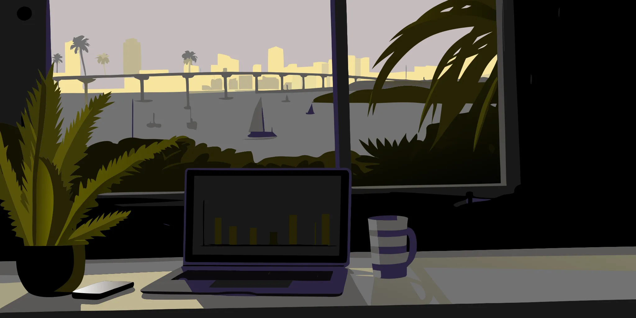 A desk with a laptop overlooking the San Diego skyline, a setup for local business marketing.