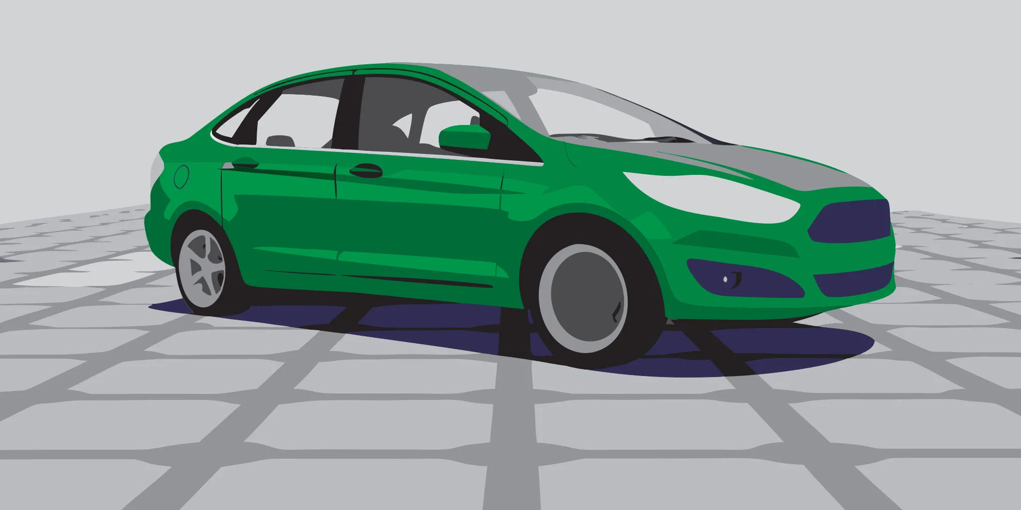 7-ways-to-reach-consumers-without-digital-ads-400955 Green car on a patterned street, a strategy to reach consumers without digital ads.