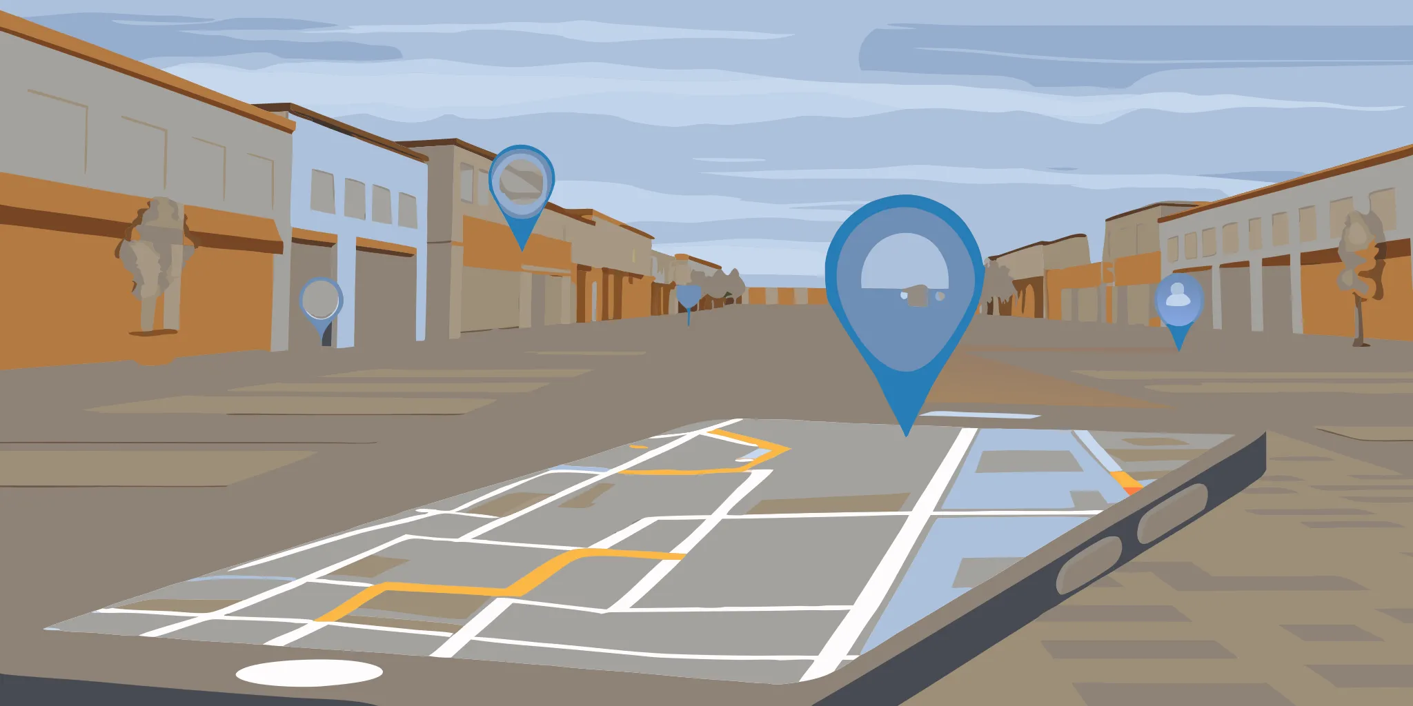 A smartphone map with location pins targeting nearby customers for hyper-local retail advertising.