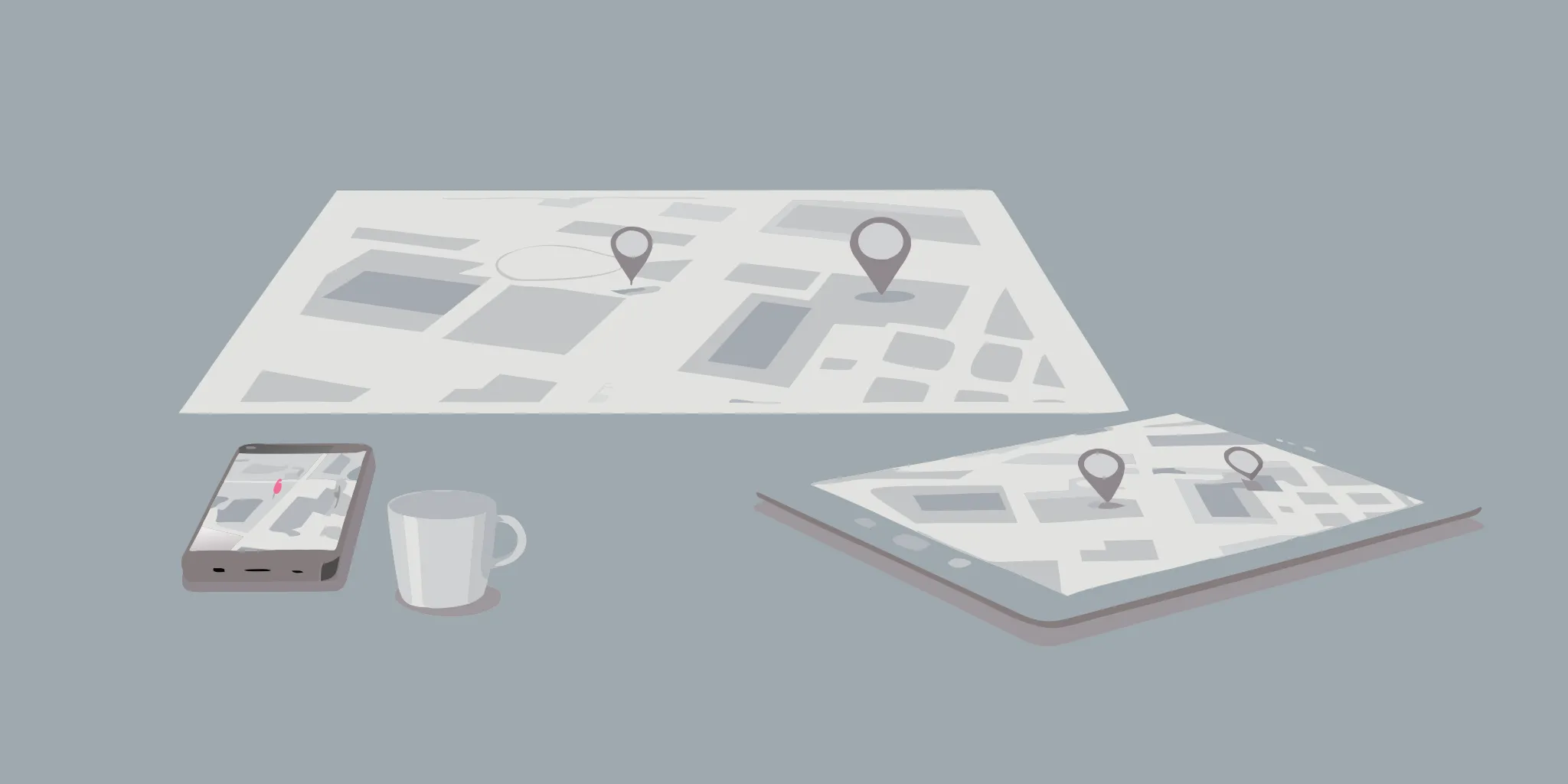 Hyperlocal advertising campaigns using a map with location pins on a phone and tablet.