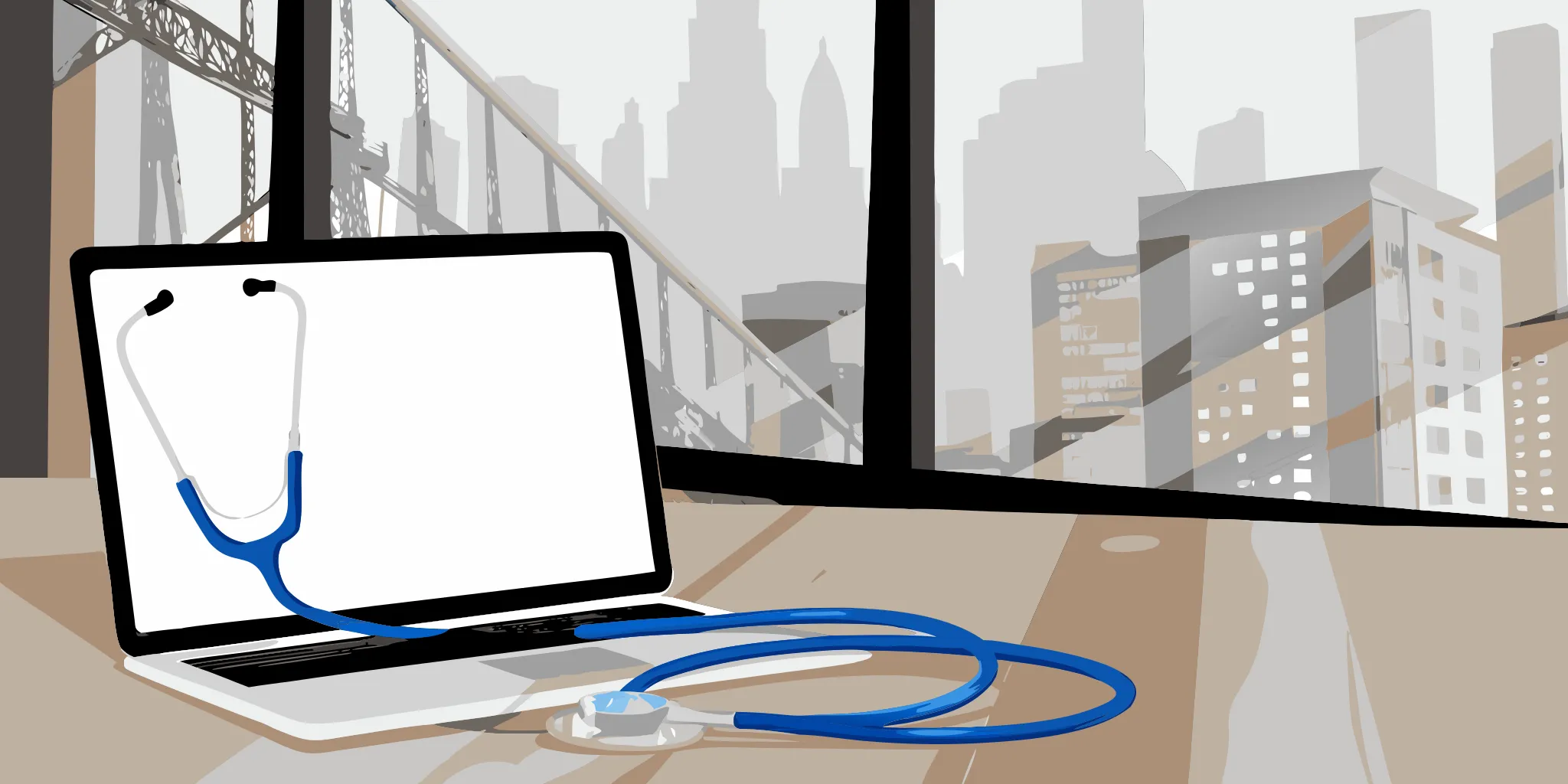 A laptop and stethoscope on a desk overlooking the Chicago skyline for local healthcare advertising.