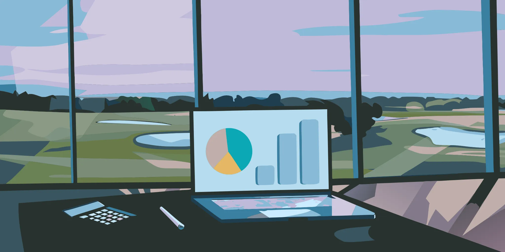 Laptop with advertising cost charts on a desk overlooking a golf course.