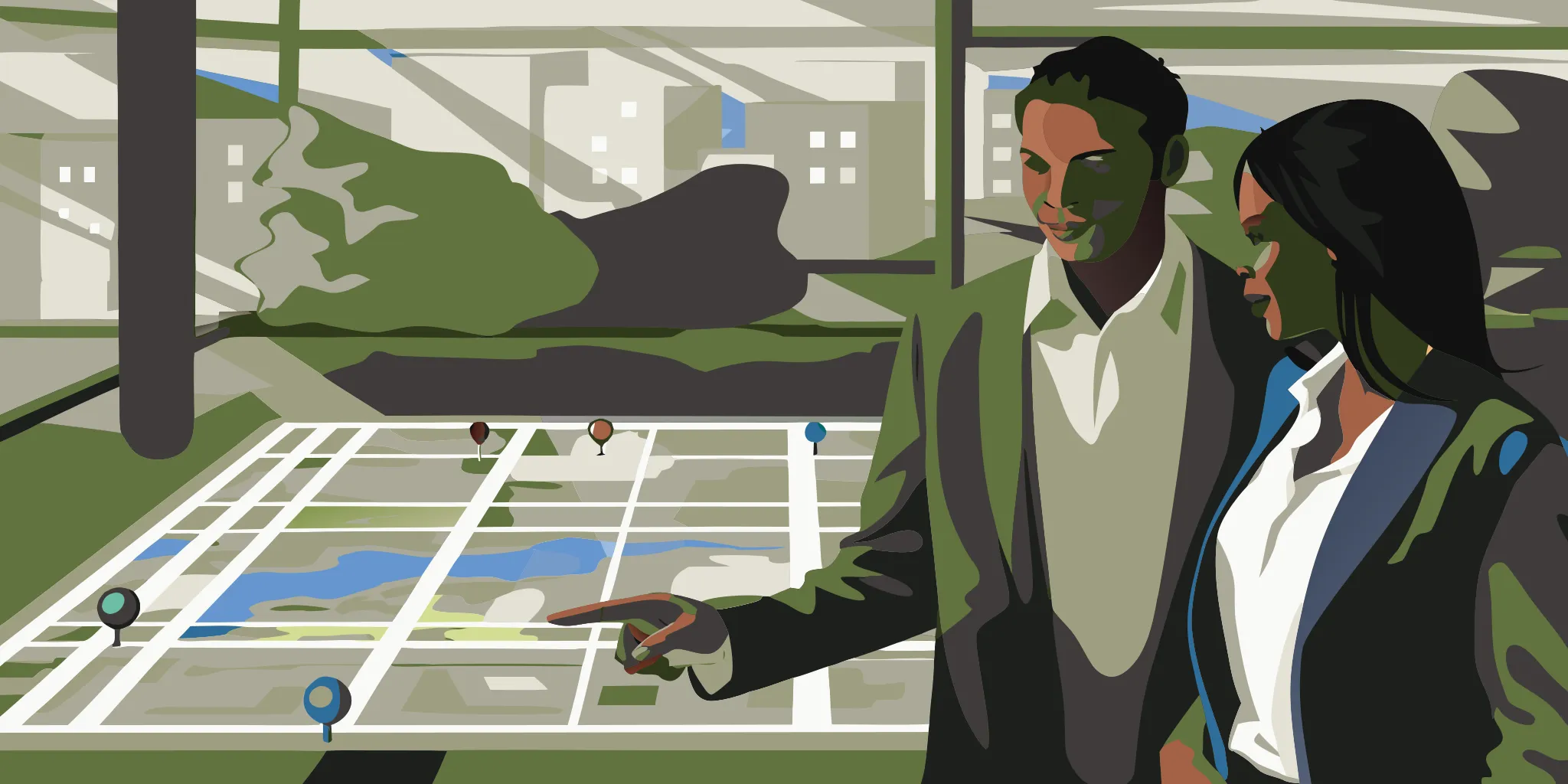 Planning how to reach customers in specific neighborhoods using a city map with location pins.