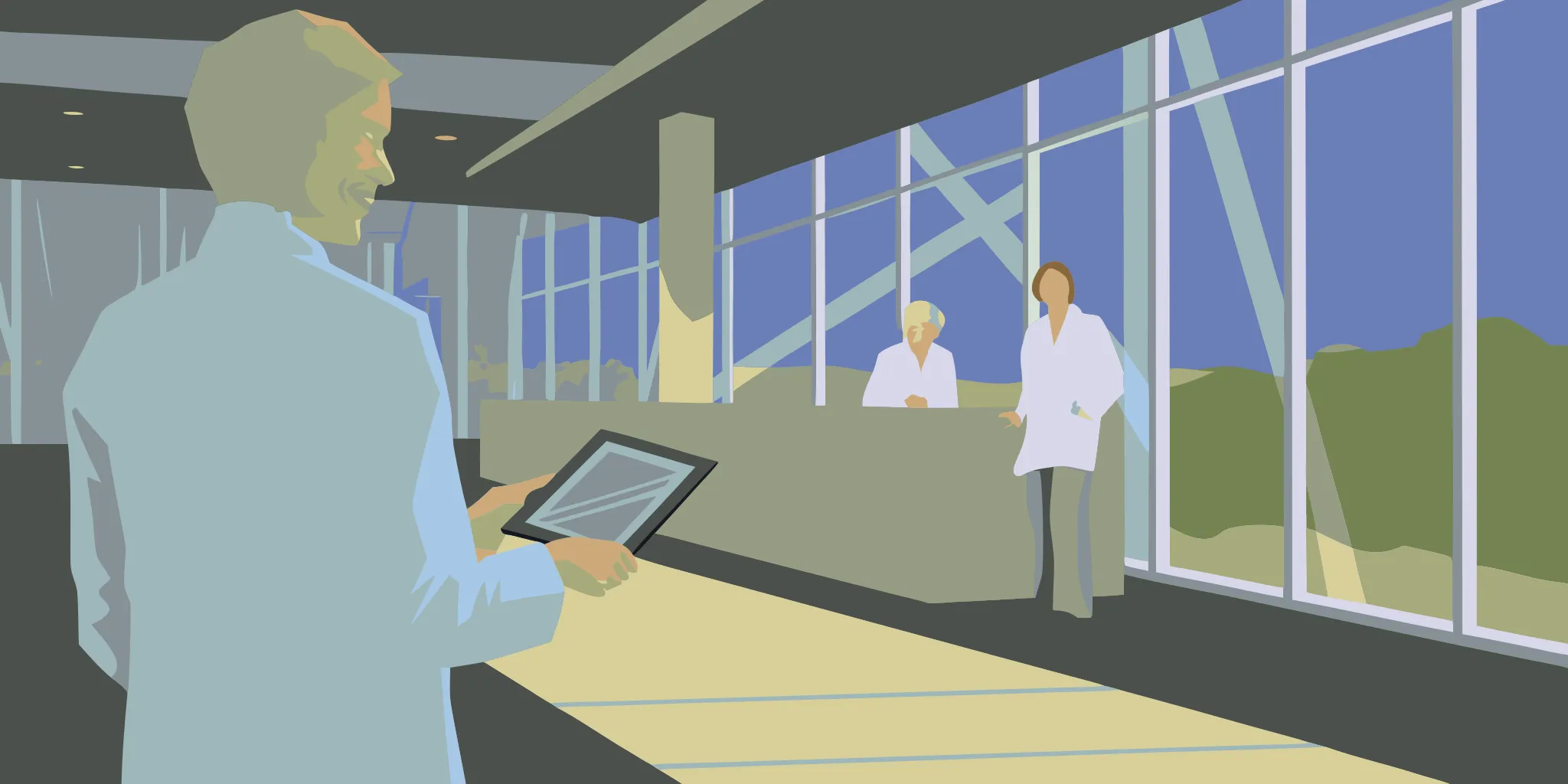 Medical staff in a clinic using a tablet to improve how they reach and communicate with patients.