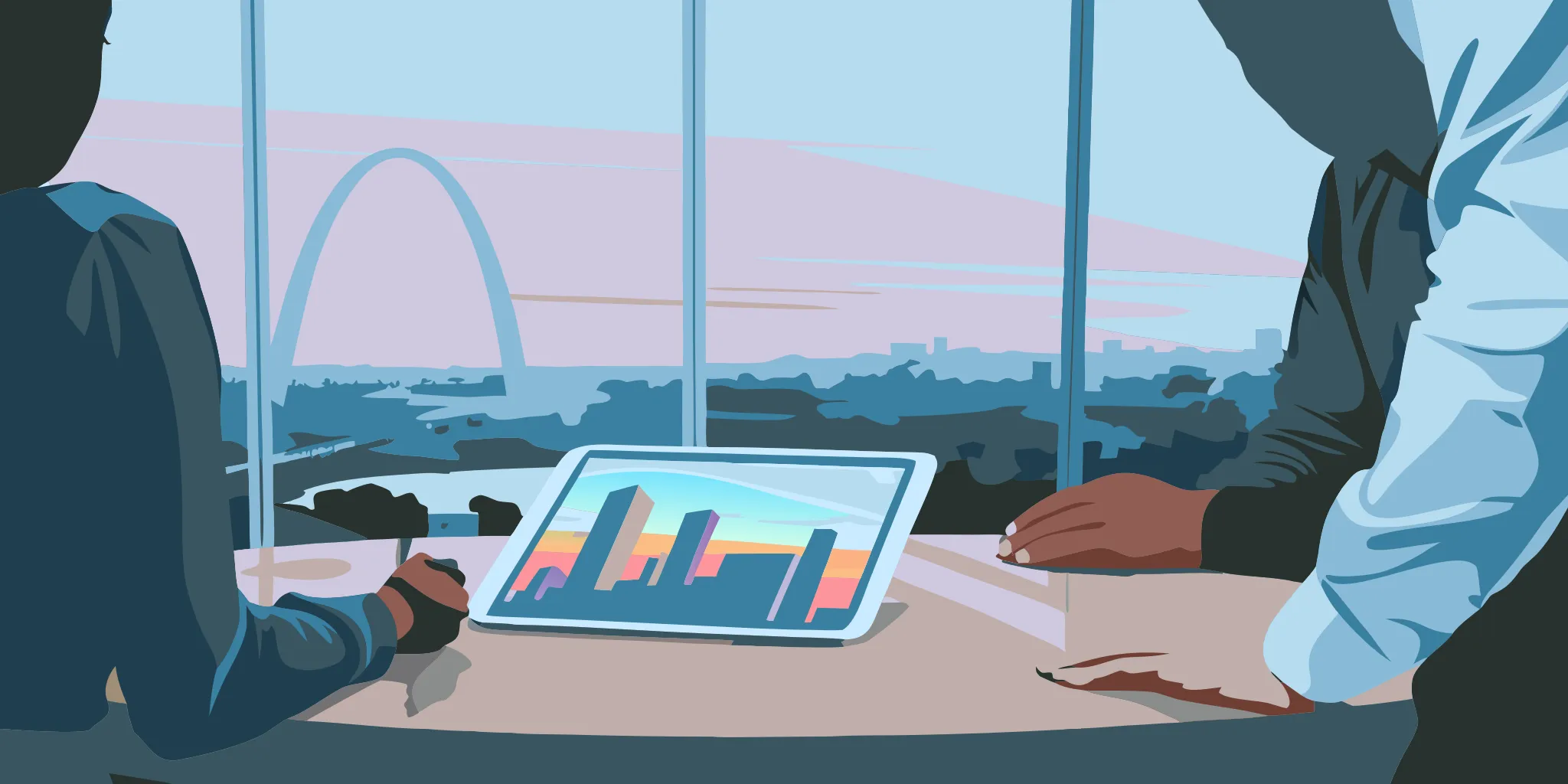 Team reviewing charts for a local brand awareness campaign in St. Louis with the Gateway Arch visible.