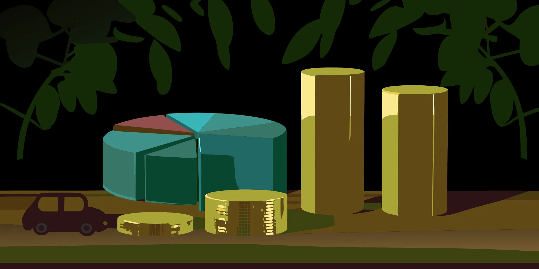 A visual breakdown of local advertising pricing with a pie chart and stacked coins.