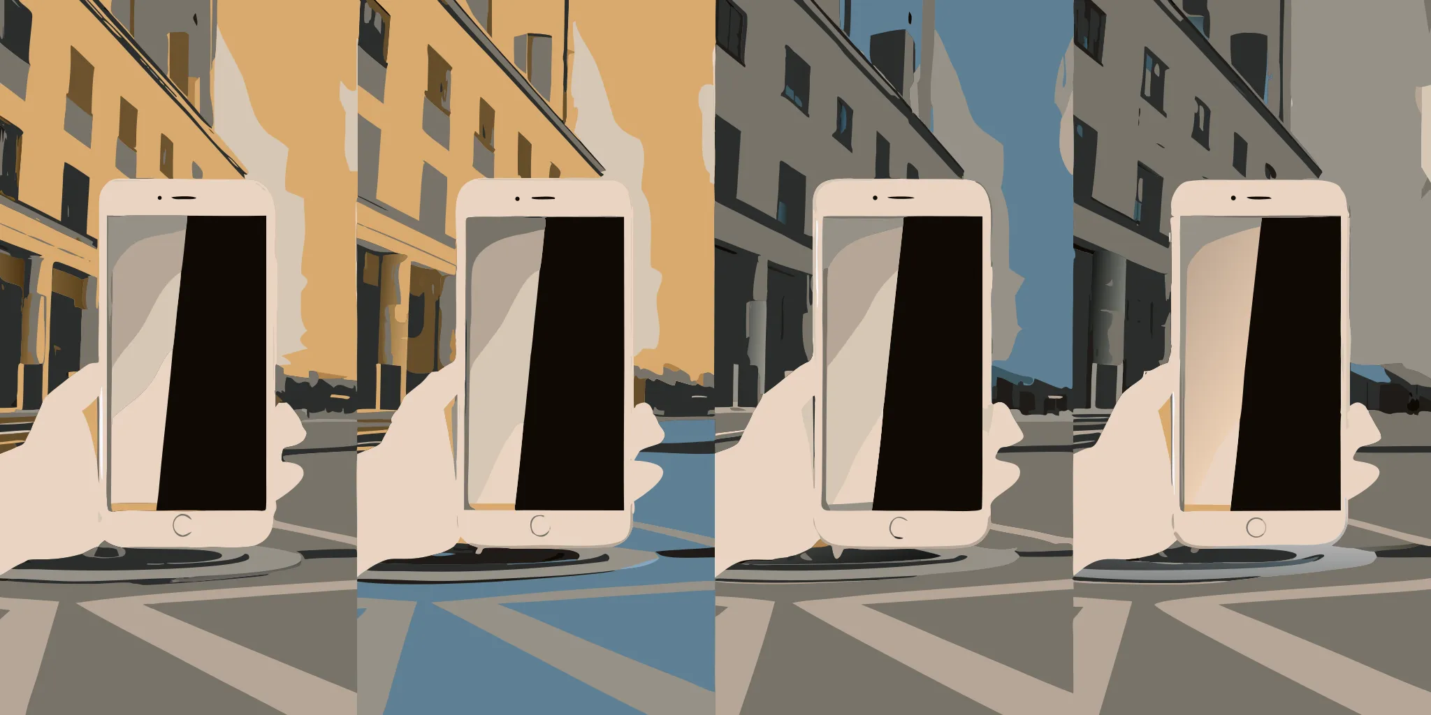 A smartphone displaying new techniques in traditional advertising on a busy city street.
