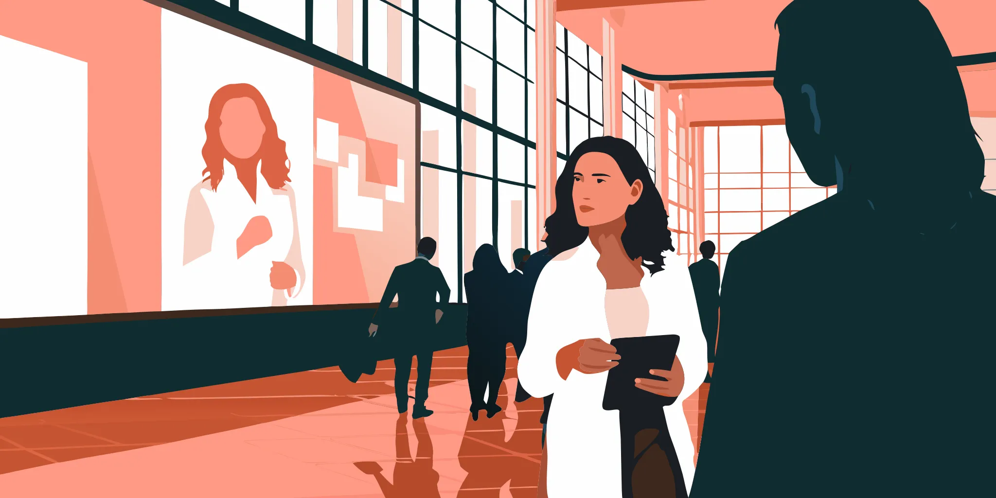 Healthcare professionals view place-based media advertising on a digital screen in a modern clinic.