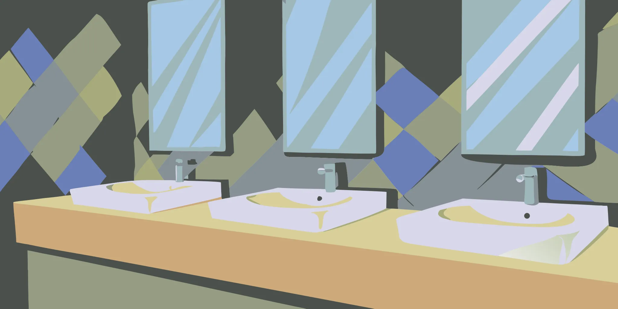 A row of restroom mirrors, a prime location for mirror cling advertising in Minneapolis.