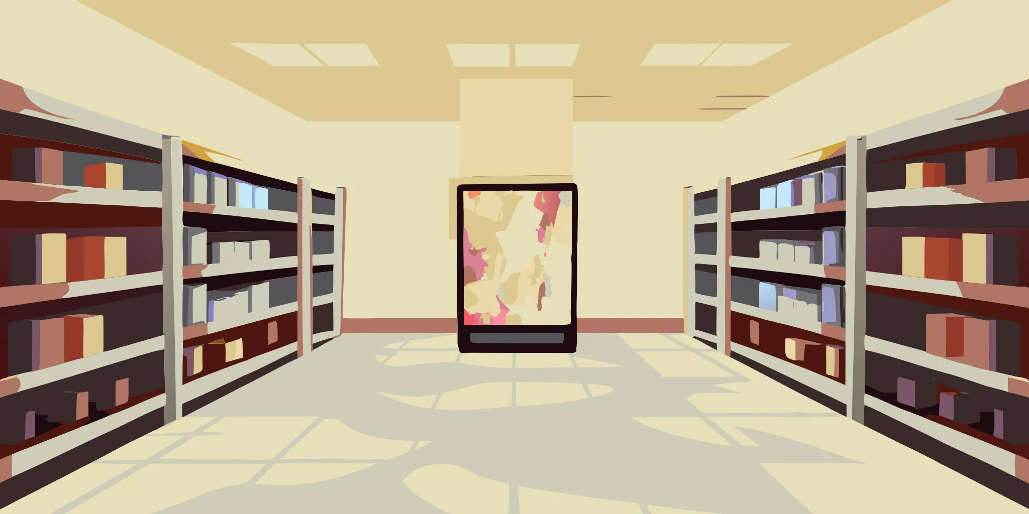 A pharmacy advertising company's digital display screen between retail shelves.