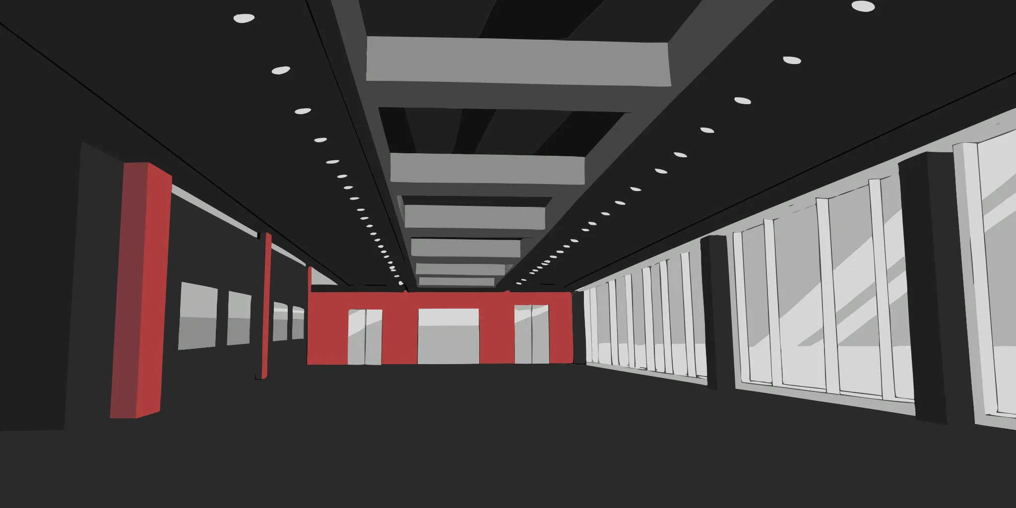 A fitness center hallway with blank walls, a prime place to hang posters for maximum impact.