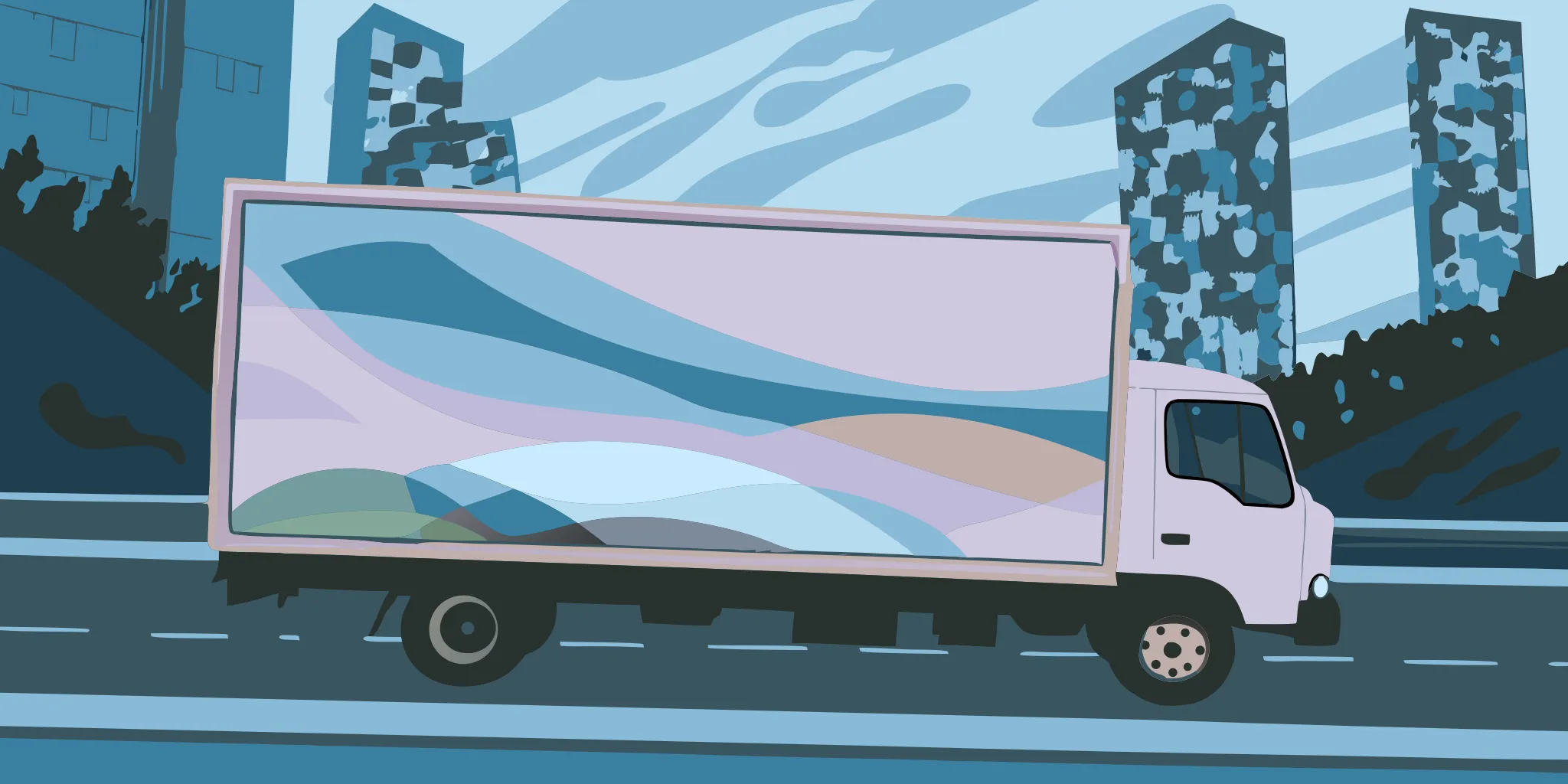 Mobile video billboard advertising on a truck driving through a city.