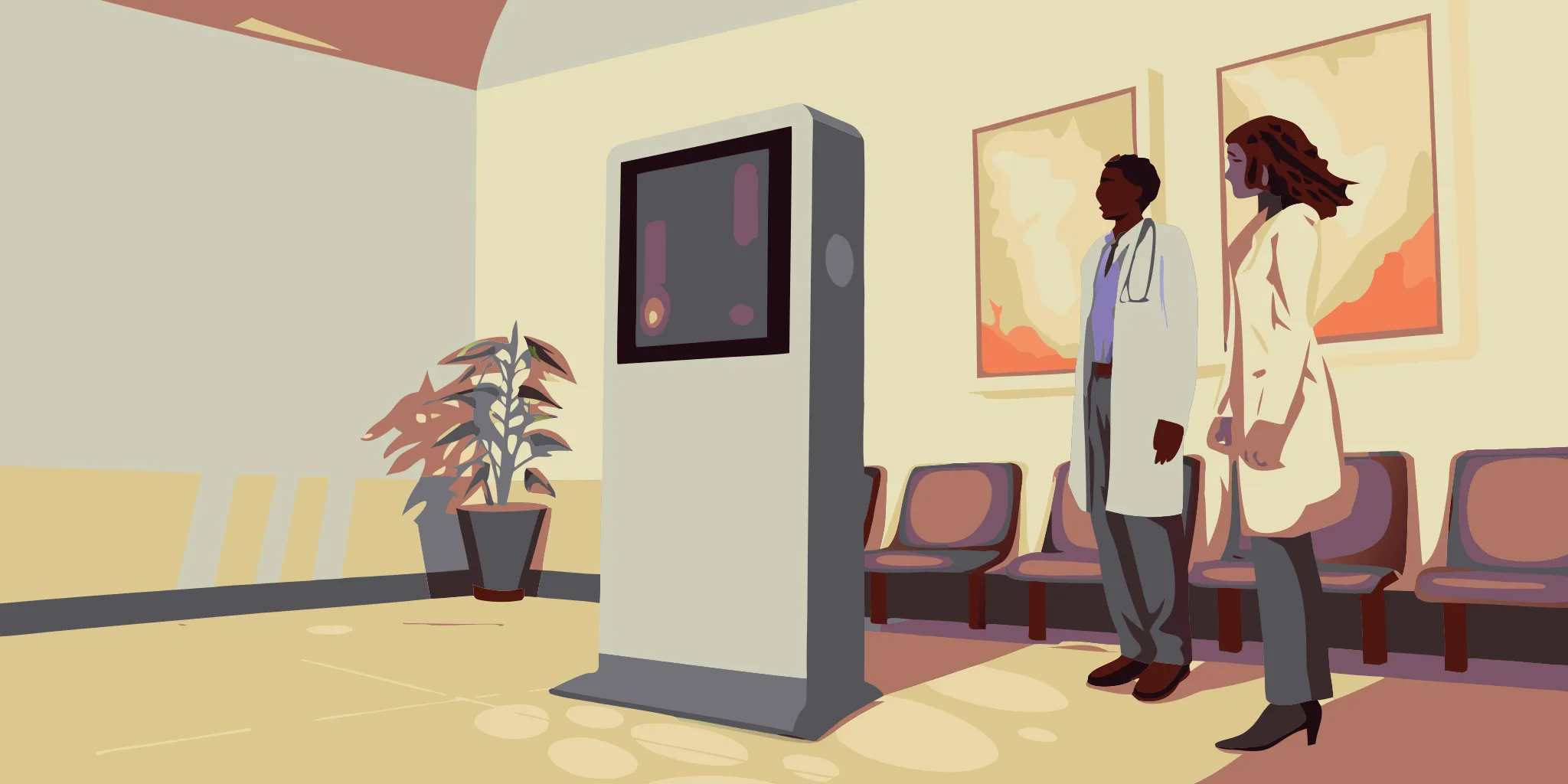 Doctors in a waiting room look at a digital screen used by point-of-care advertising companies.