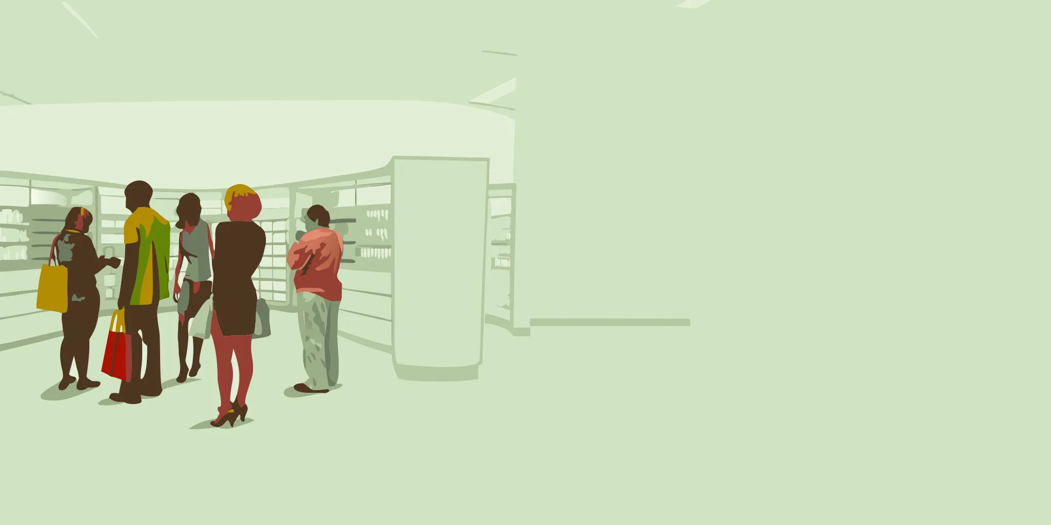 People viewing place-based healthcare media in a pharmacy