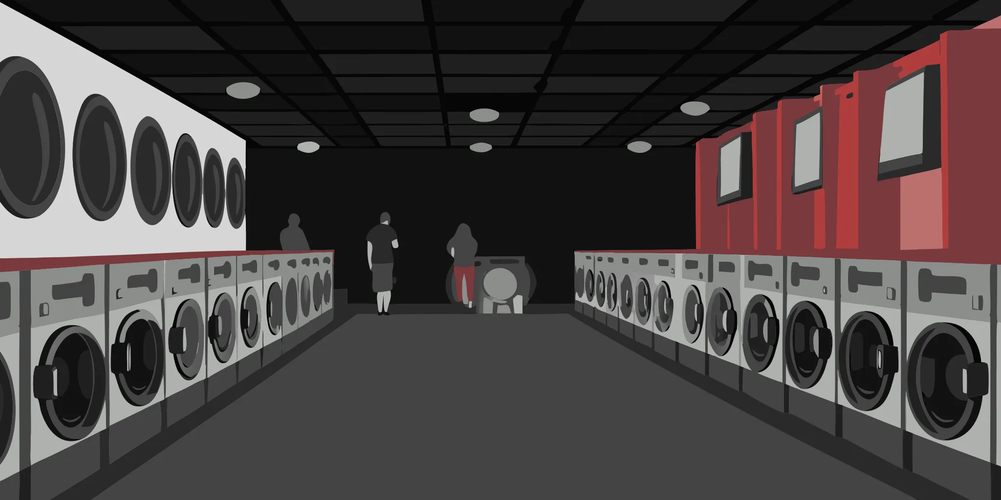 Customers viewing laundromat advertising in a modern local laundry