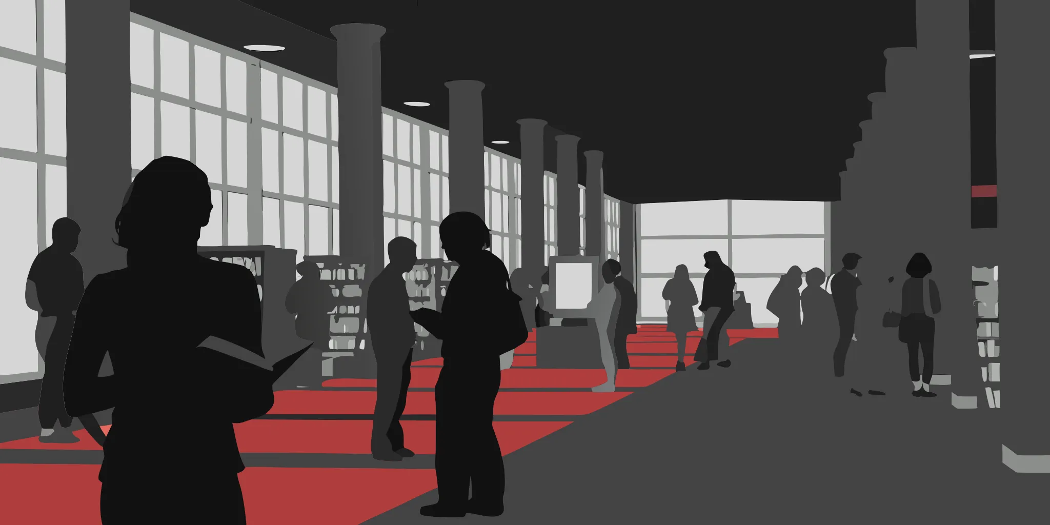 Community members viewing library advertising inside a modern public library