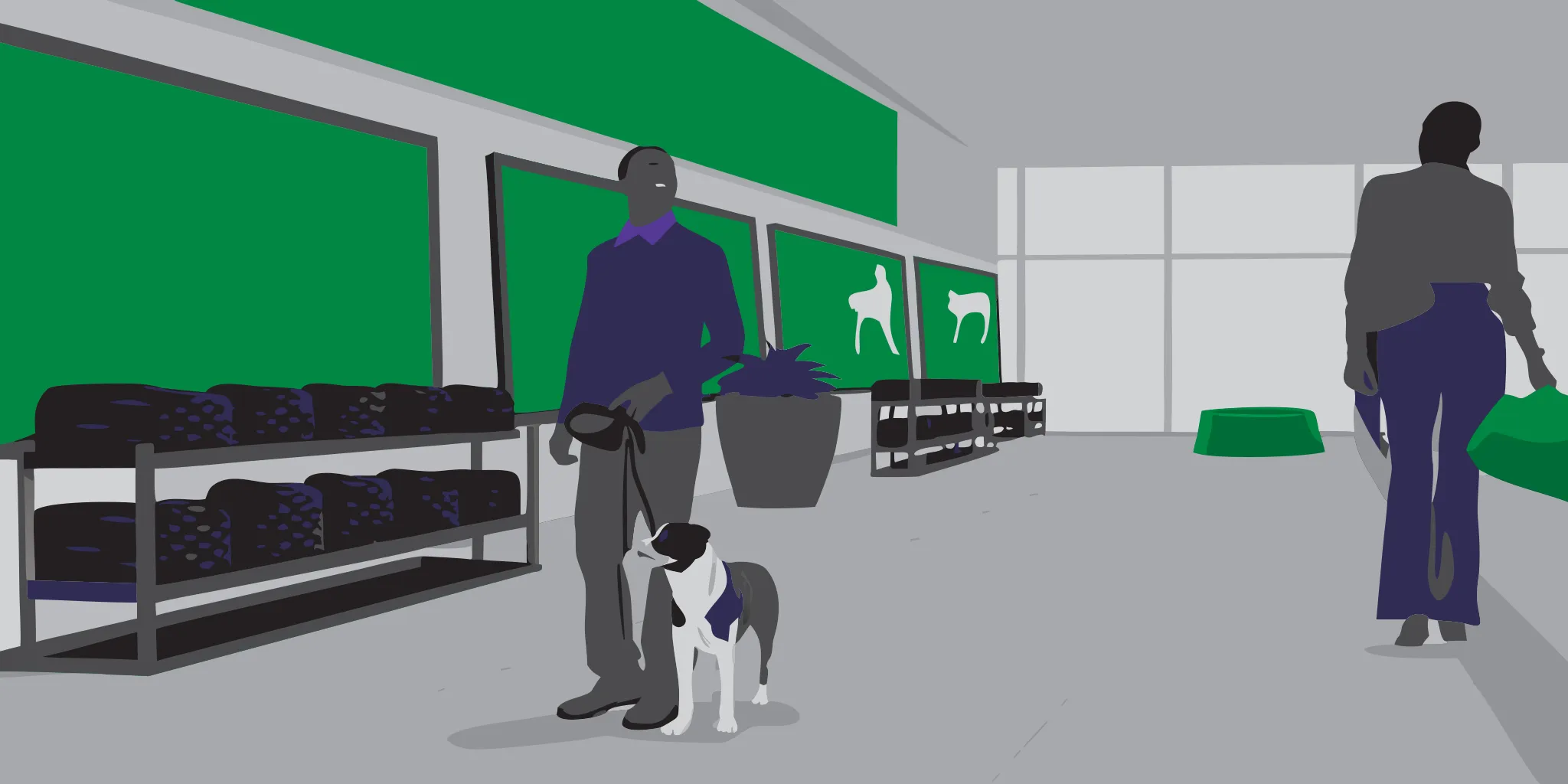 Pet owner viewing place-based advertising in a pet store