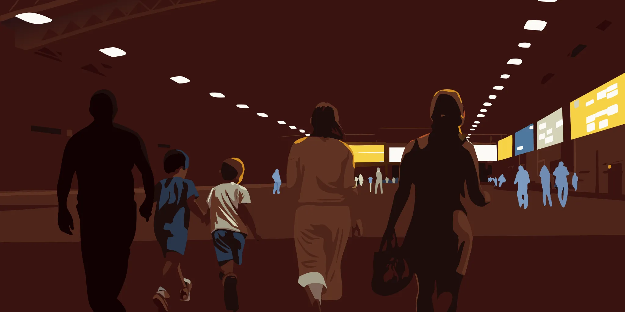 Families walking past recreation center advertising displays