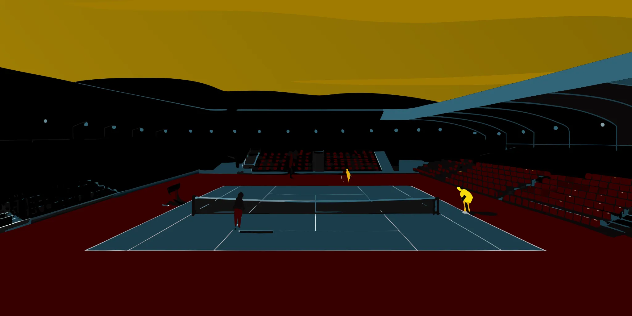 Players at a modern tennis club with court-side advertising
