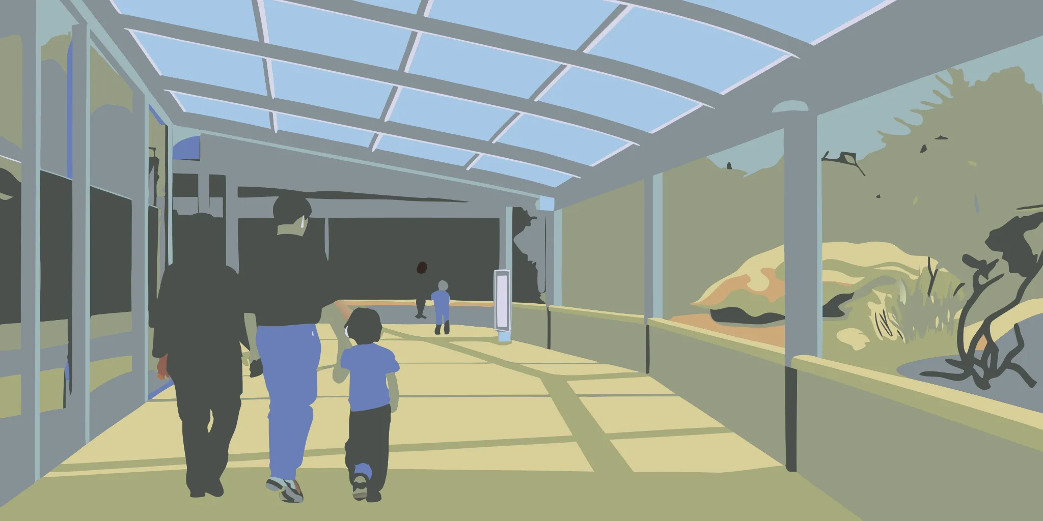 Families walking through a zoo with advertising placements