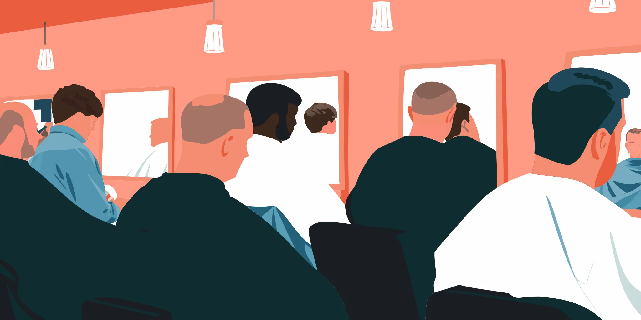 Busy barber shop interior with customers of all ages getting haircuts, showing real-world high-dwell grooming environment for place-based advertising