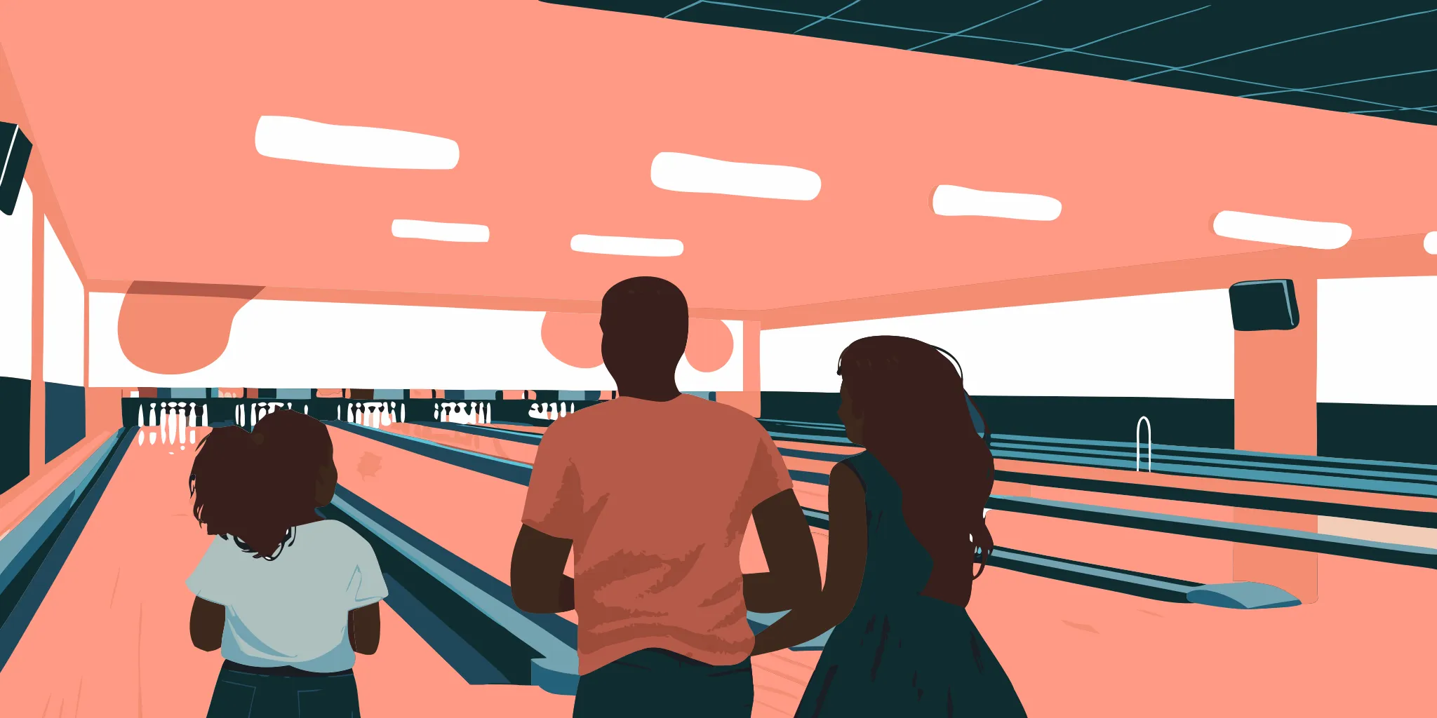 Bowling alley interior with families and friends bowling with advertising signage visible on walls and scoring areas