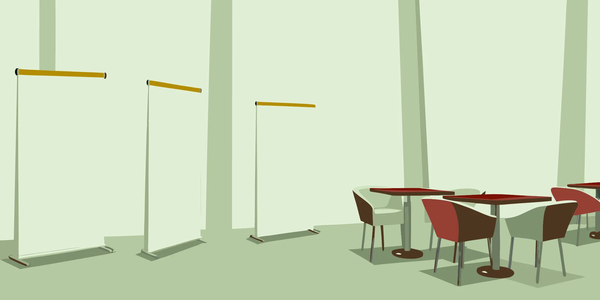 A vector illustration of a modern upscale coffee shop with custom place-based table tent advertisements