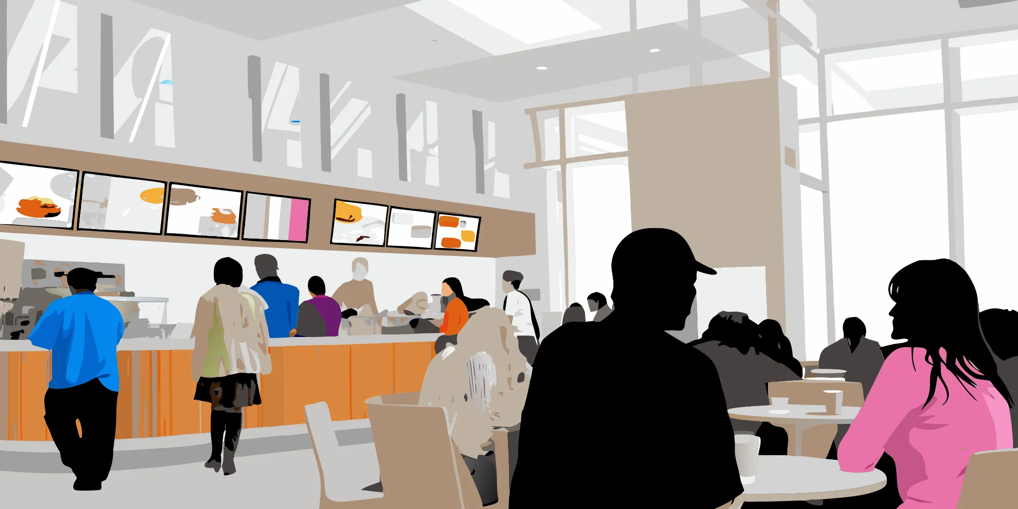Busy coffee shop interior with customers at tables and a barista at the counter, featuring digital advertising displays on the wall