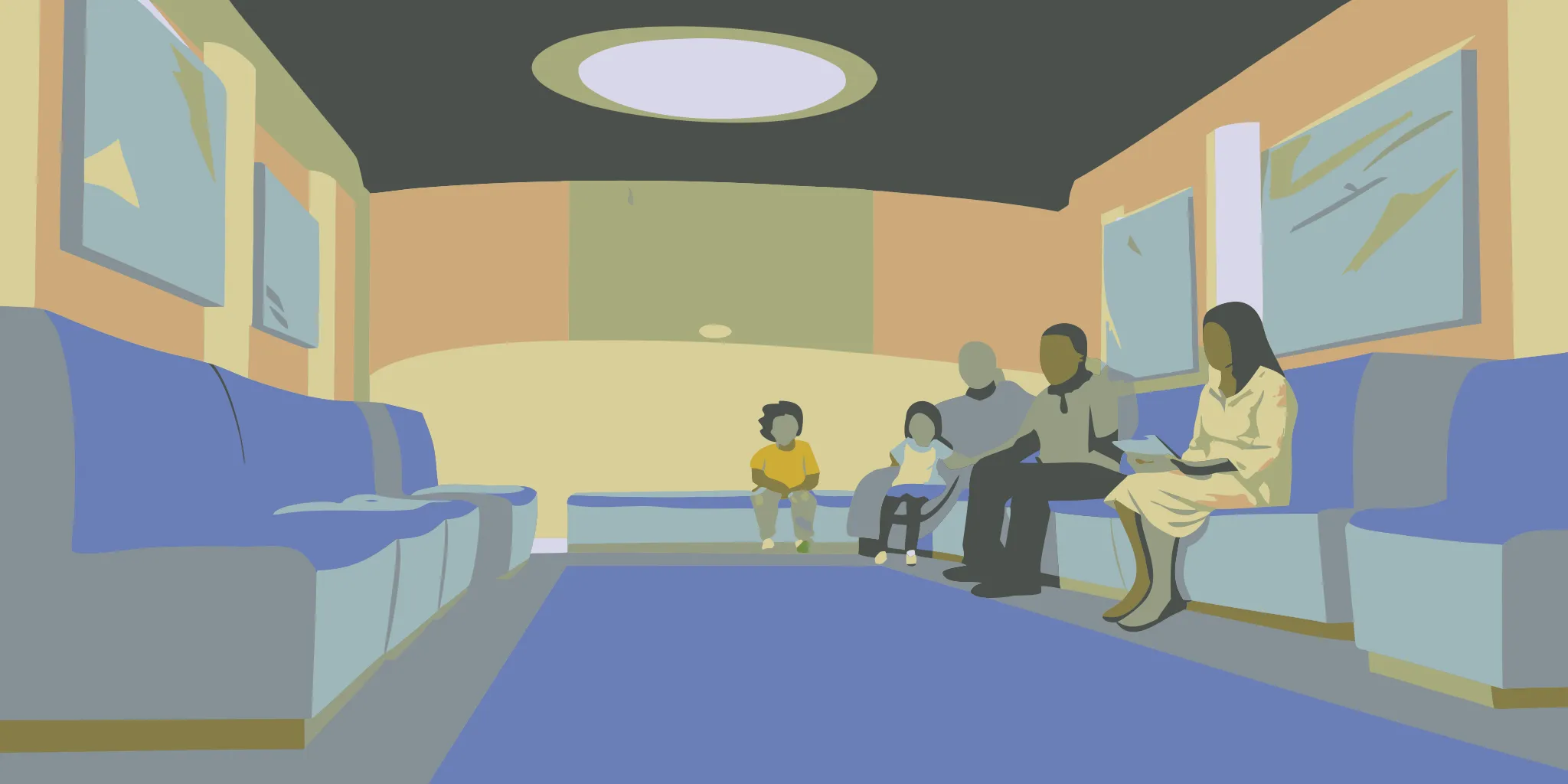 Bright modern pediatrician waiting room with families and advertising displays on walls