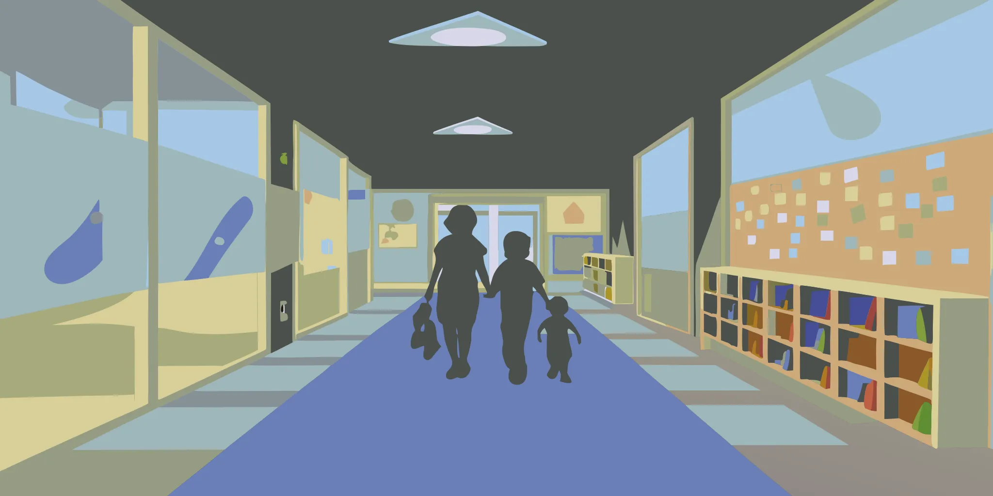 Daycare facility interior with parent communication boards and wall displays in a bright welcoming entry area
